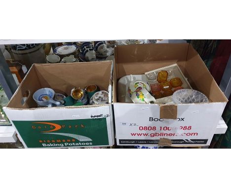 Two boxes of assorted ceramics and glassware to include T Goode & Co Ltd part tea service, etc