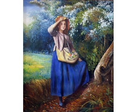 UnattributedOil on canvas Head and shoulders portrait of a 19th century bride with veil and triple-string of pearls, 57cm x 4