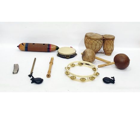 Quantity of percussion instruments to include recorder, brass whistle, harmonica, bongo drums etc (1 box) 