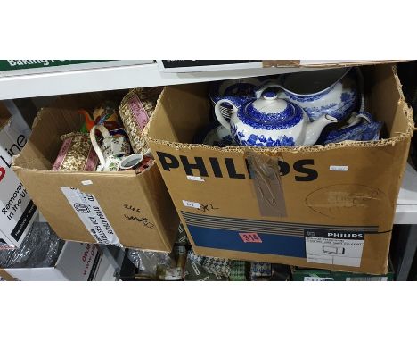 Two boxes of assorted ceramics to include Washington 'Old Willow' part tea service, jugs, etc