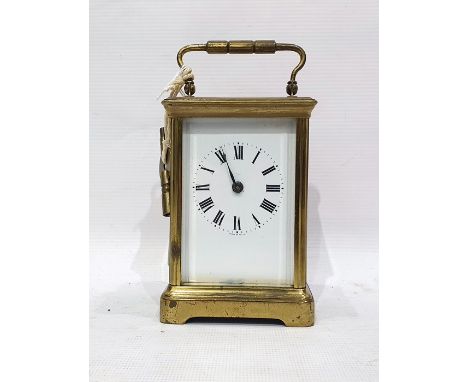 Brass carriage clock with Roman numerals to dial, marked 'Made in France' 