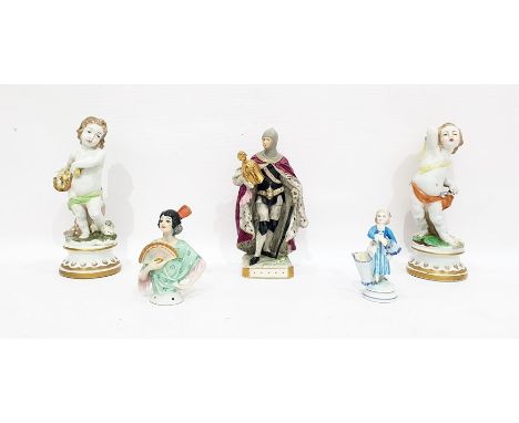 Pair continental porcelain figures of putti, each on circular socle base, 24cm, Capodimonte porcelain model of a medieval kni