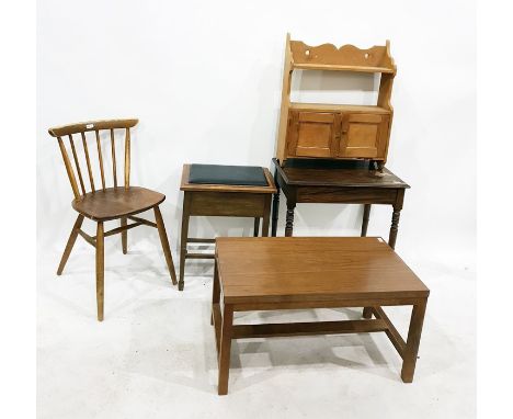 20th century pine wall-hanging cupboard with shelf over, a rectangular mahogany coffee table, a stickback chair, a piano stoo