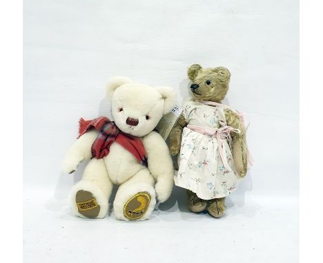 Merrythought 'Highgrove' limited edition teddy bear, 86/100, 32cm tall and an old vintage bear in a dress (2) 