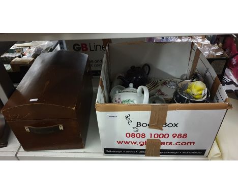 Three boxes of assorted household items including&nbsp;a clock, small wooden trunk, Royal Worcester 'Marshmallow' part tea se