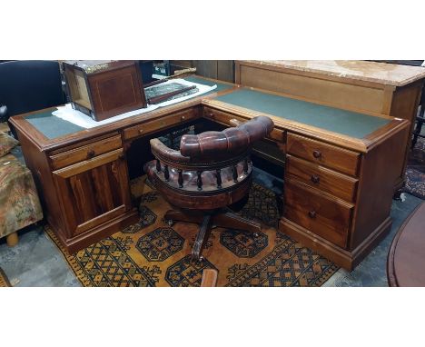 Lyon Furniture office corner desk with leatherette inset top and a brown button-back and seated office swivel chair (2) longe