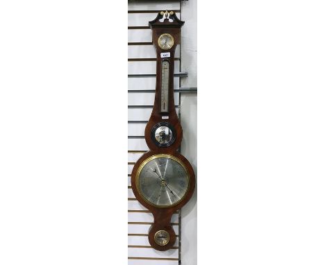 Georgian style mahogany framed wheel barometer with swan neck pediment, humidity, temperature, pressure and level dials and c