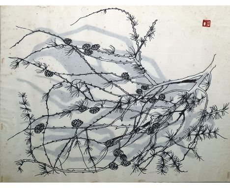 Tessa Beaver Black and white print with red monogram seal mark "Larch", 43cm x 54cm 
