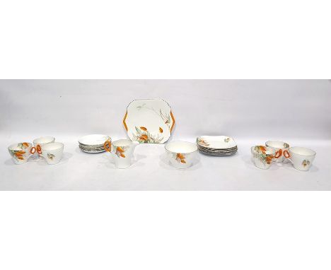 Shelley tea set decorated with orange blossoms on a white ground with gilt rims, comprising cake plate, six side plates, six 