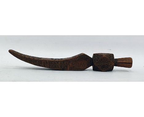 18th century chipcarved treen knitting stick, finely carved with geometric decoration, initials and dated 1795, 20cm long Ima