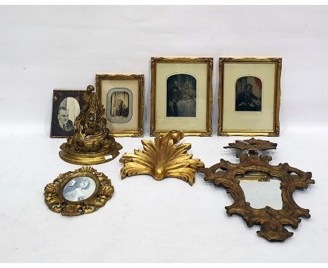Quantity of early family photographs in gilt moulded frames, further gilt moulded wood shelf, framework mirror, etc