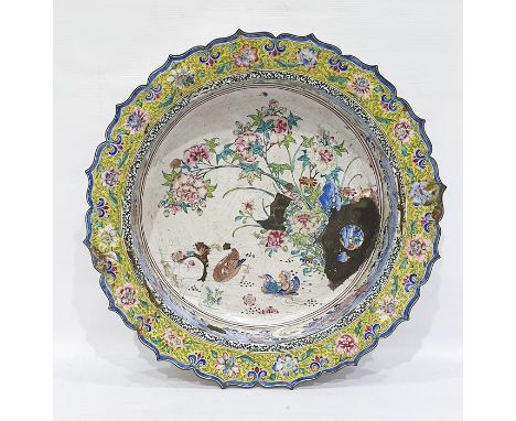 Enamel on copper Chinese bowl with ogee frilled rim, yellow ground and blue and pink flowers to centre, white ground with bir