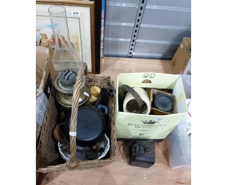 Assorted household items to include oil lamps, basket, metal weight, a vintage vapo-cresolene bottle for whooping cough etc