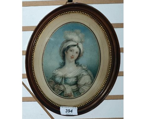 J B Le Prince (attrib.) (18th century)Watercolour drawing miniature Half-length portrait of a lady in feathered turban, 15cm 