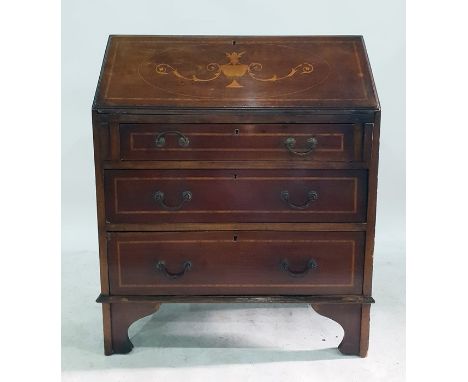 19th century mahogany and inlaid bureau of three drawers, to bracket feet 