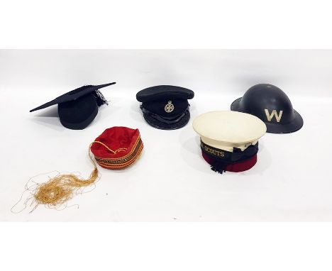 Quantity of hats to include mortarboard, Royal Green Jacket cap, air raid warden's helmet, fez, etc (1 box)