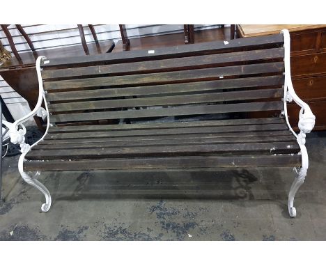 Slatted garden bench with white painted cast end supports, 153cm 