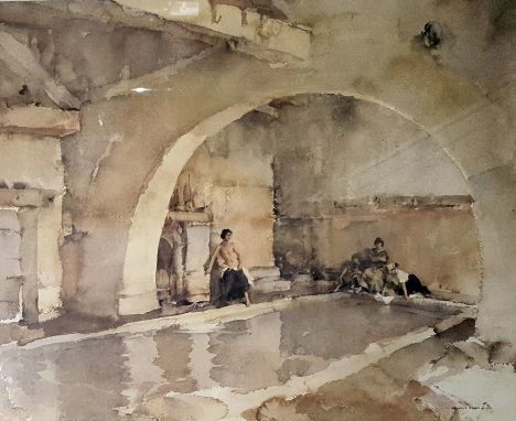 Colour print after Russell Flint, figures by a Roman bath, No.444/860, studio stamp in margin, framed 