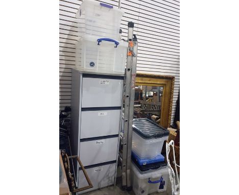 Filing cabinet, a selection of plastic boxes and an aluminium combination ladder 