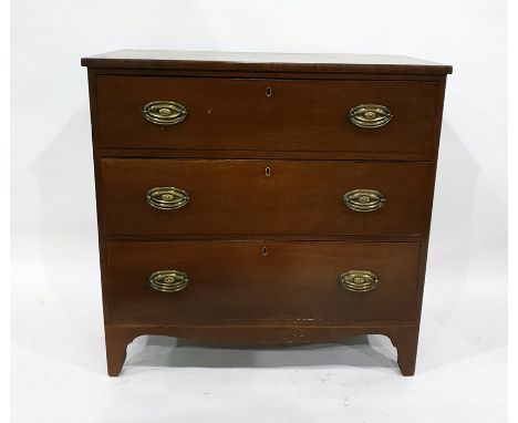 Antique mahogany chest of three long drawers with brass drop handles and oval backplates, on bracket feet, 88cm wide&nbsp;