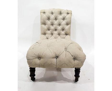Button-back salon chair&nbsp;with cream foliate patterned upholstery, turned front legs to brass caps and castors&nbsp;
