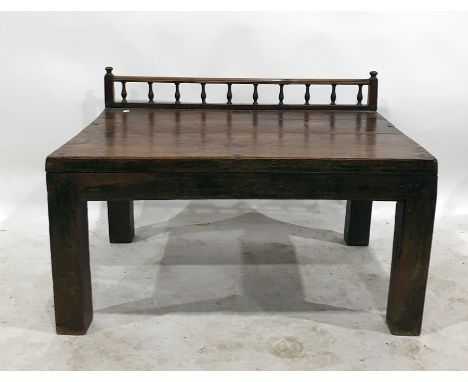 Eastern hardwood bench with spindle galleried back, the rectangular top on square section supports, 91cm 