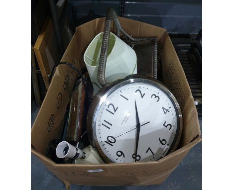 Box of household items to include Lascelles London wall clock, wooden carved knight, framed pictures, etc