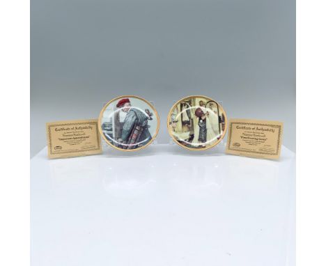 Two decorative plates with gold borders, Important Appointment depicts an older man leaving with his golf caddy, the other Fi