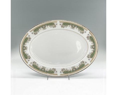 Oval serving dish with sage, brown, tan and light blue floral and scroll design. Gold rim and accent. Everbrite Fine China Ja