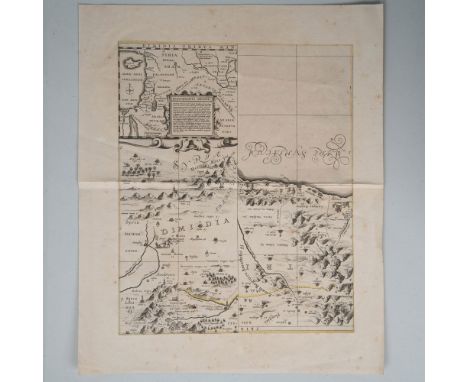 Engraved print in black ink with some hand-coloration. Map is printed on two pages joined in the center. Map depicts the Holy