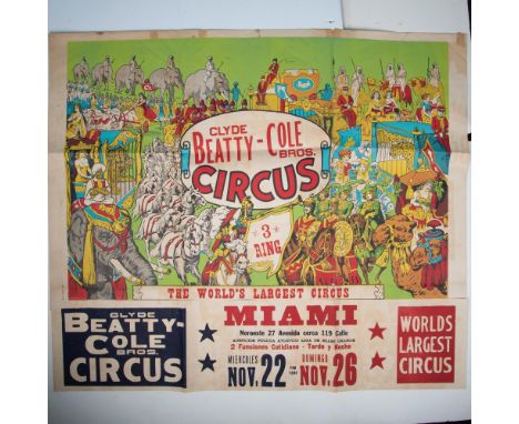 An amazing piece of mid-century American circus ephemera printed for the Clyde Beatty Cole Bros. Circus during their tour in 