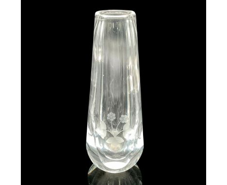 A small clear crystal vase with etched flowers. Orrefors marked on the base. Dimensions: 2.25"L x 2"W x 5.25"HManufacturer: O