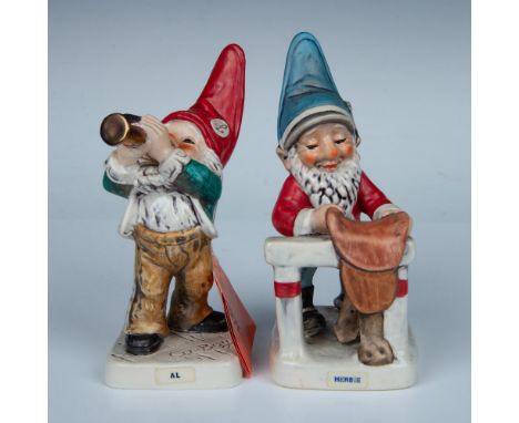 2 polychrome figures of gnomes. One is playing the horn, and the other with a saddle. Goebel backstamps. Al: 4.25"L x 3"W x 6