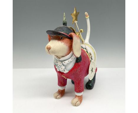 Dressed for the Holidays in red jacket, blue hat and green boots with gilt colored bugle on his back and glitter throughout. 