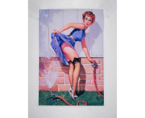 Vintage print of pin up girl lifting her skirt while getting wet by sprinkler water. Artist: Gil ElvgrenDimensions: 21"L x 30