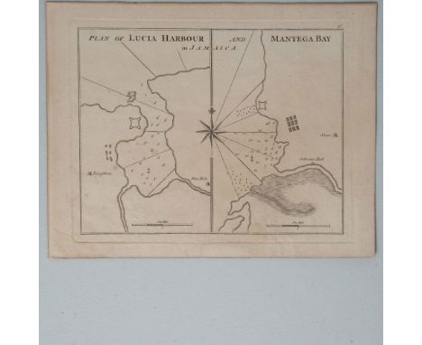 Title: Plan of Lucia Harbour and Mantega Bay. Antique engraved map detailing early English plans for Lucia Harbour and Manteg