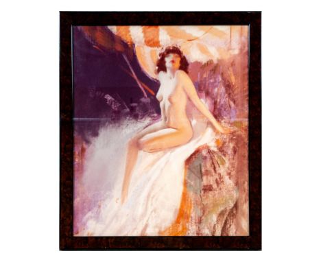 Print of a nude woman leaning back on layers of fabric. Dimensions: 18"L x 21"HCondition: Age related wear. 