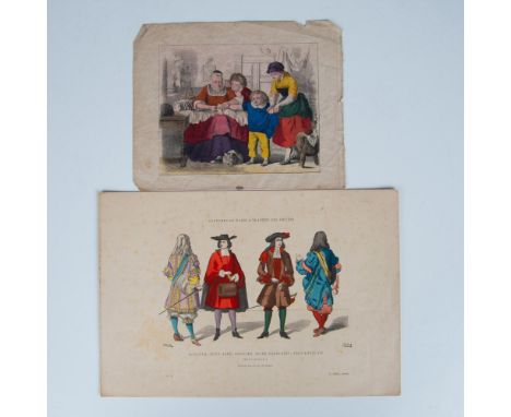 Two antique hand-colored lithographs that include one from the French publication album Costumes de Paris a Travers les Siecl