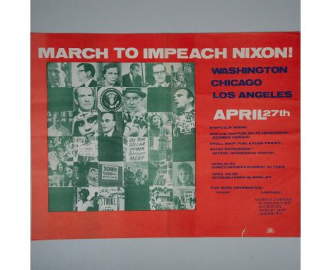 Original 1974 poster calling citizens to action to impeach President Nixon. Red poster with bold white and dark blue text wit