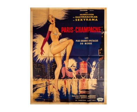 Fantastic extra large color lithograph designed for the French musical film Paris-Champagne. Les plus grands spectacles du mo