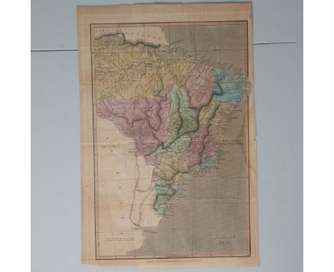 Historical engraved colored political map of 19th-century Brazil. Details natural features such as rivers and mountains as we