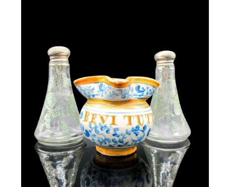 Includes 2 glass shakers with overlay floral design and silverplated caps. Bevi Tutto ceramic, hand painted creamer (minor ch