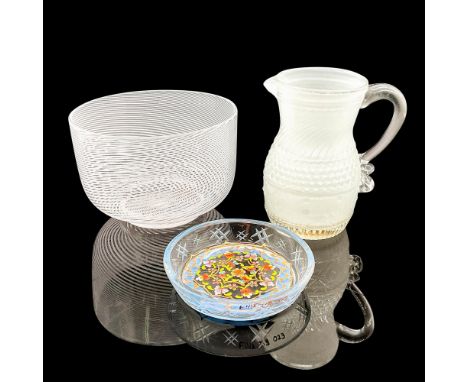 3 beautiful pieces of handmade or hand decorated glass including a delicate bowl with white spirals through it, a small pitch