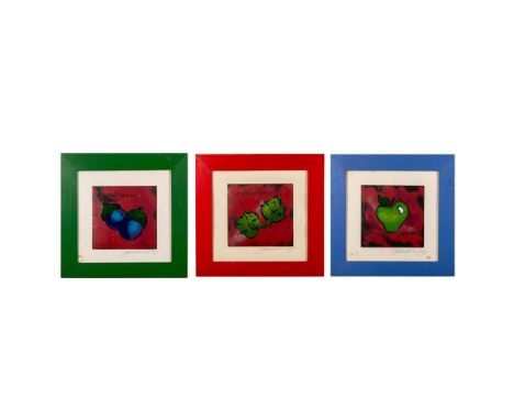 Set of three Contemporary original enamel on metal plaques that represent close-ups of a green apple, two artichokes, and egg