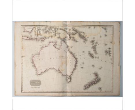 Engraved map depicting the lands of Australasia. Australia is shown as being labeled New Holland, which was the name of the c