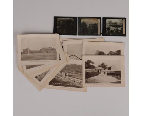 Set of 3 magic lantern photographic slides and 27 sepia photographic illustrations. The antique glass slides include a Royal 