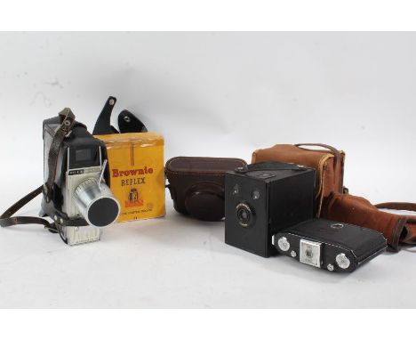 Collection of cameras, to include a Zeiss Ikon Derval folding camera, Bell &amp; Howell Marksman cine camera, Edinex I, boxed