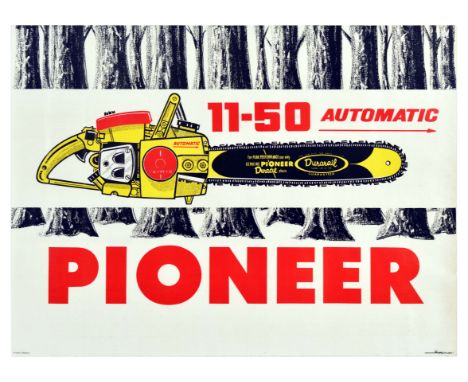 Original vintage advertising poster for Pioneer 11-50 Automatic chainsaw, featuring an illustration of the chainsaw in yellow