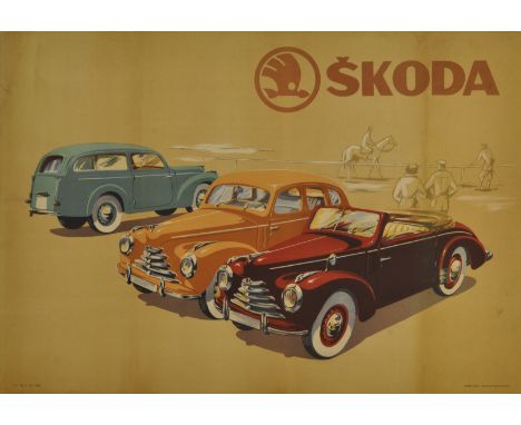 Original vintage poster advertising Skoda featuring three car models lined up - a convertible, saloon and station wagon with 