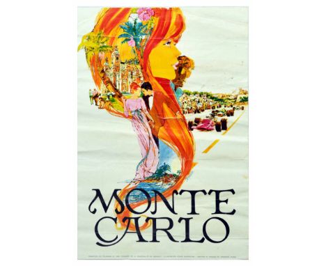 Original vintage travel poster promoting Monte Carlo. Great image of a young couple with the background showing the Grand Cas